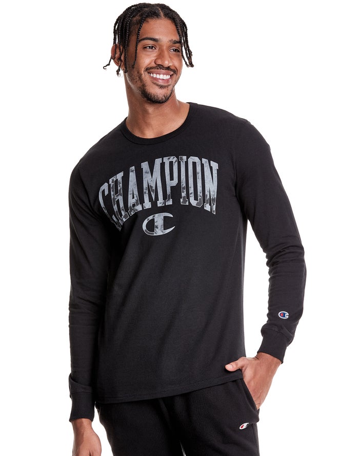 Champion Heritage Long Sleeve Galaxy Dye Arch Logo Erkek Tişört Siyah ( LJEOMH612 )